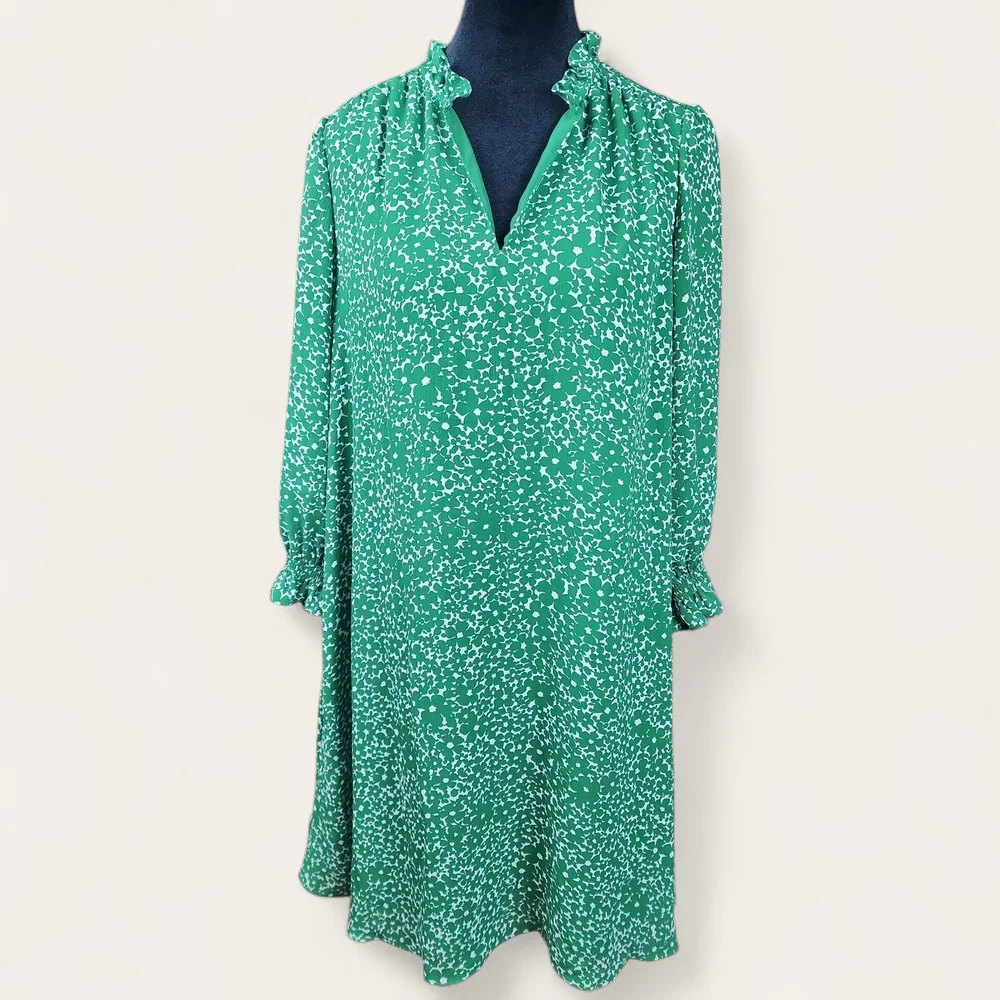 HOBBS LONDON | Elegant Green White Ditsy Floral Women's Mini Ruffle Dress | US 8 - Picture 2 of 12